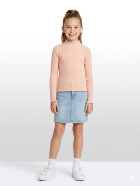 Mango Pink Mock Neck Ribbed Long-Sleeve Top Scallop Trim Cotton Size 13-14